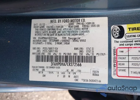 2012 Ford Fusion Se z USA, uszkodzony, nr VIN 3FAHP0HA7CR272566